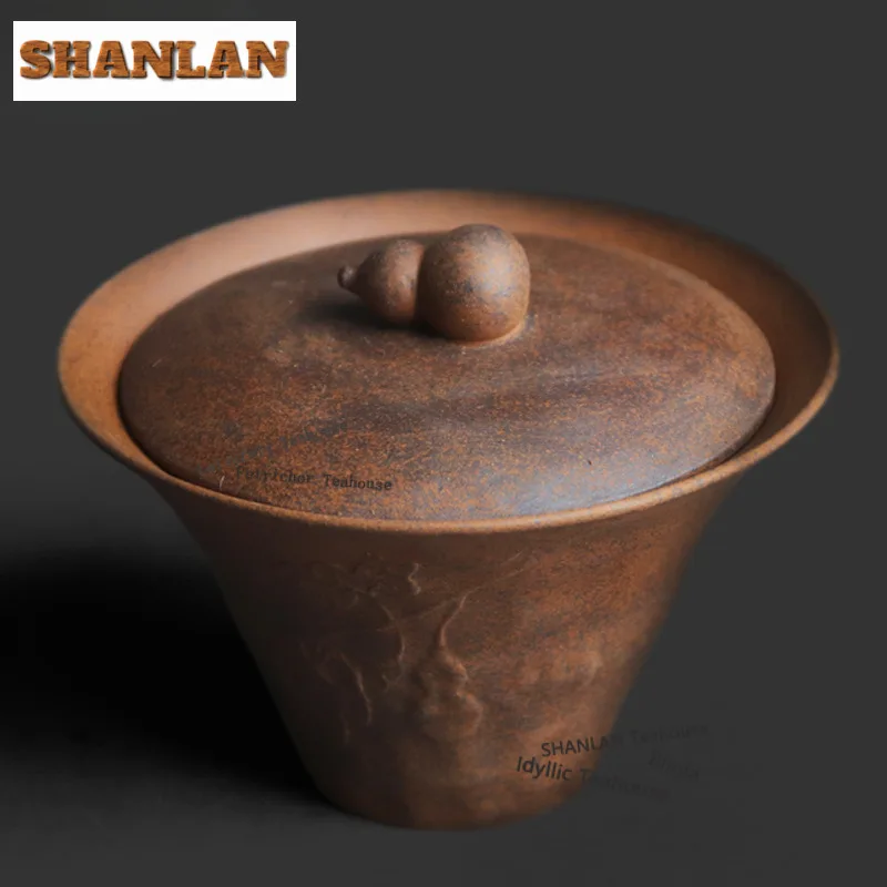 

130ml Coarse Pottery Old Rock Clay Gourd Gaiwan Vintage Tea Tureen Tea Bowl With Lid Kit Tea Maker Cover Bowl Drinkware Ornament