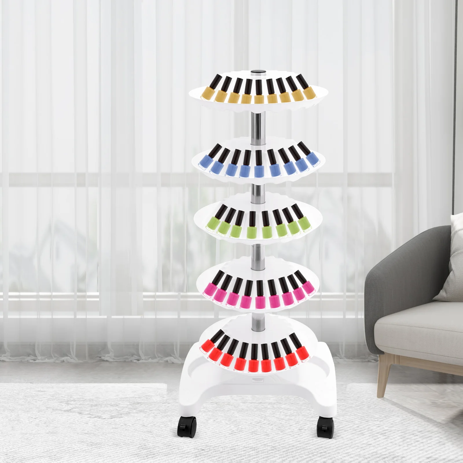 

5 Tiers PP Nail Polish Spinning Rack,White Floorstanding Nail Display Stand with 4 Wheels 45*35*96cm for Home,Commercial