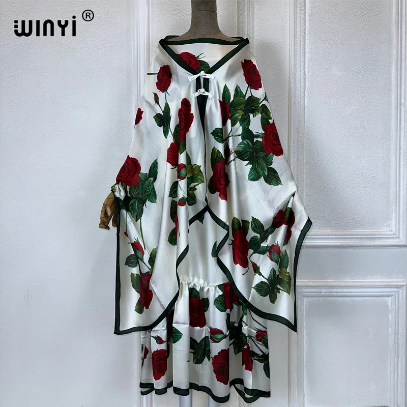 WINYI summer Elegant Fashion evening dress abaya muslim woman abaya dubai luxury Female loose Print kaftan with scarf two pcs