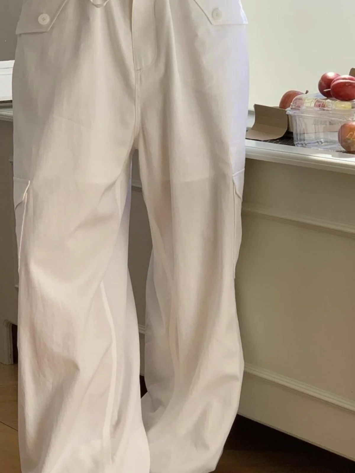 In Stock Farve * South korea Breathable Elastic Waist Casual Straight Mop Pants Drawstring Top Wide Leg Pants Cargo White