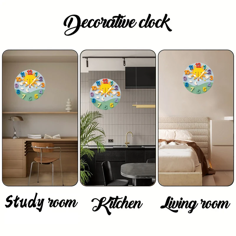 2D-Flat Cartoon Sun Wooden Round Silent Hanging Wall Clock,Suitable For Living Room, Office,Study Room, Bedroom, Home Decoration - view 5