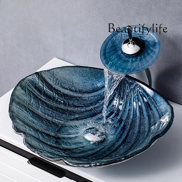 

Bathroom tempered glass art wash basin personalized sea shell table European simple abstract washbasin
