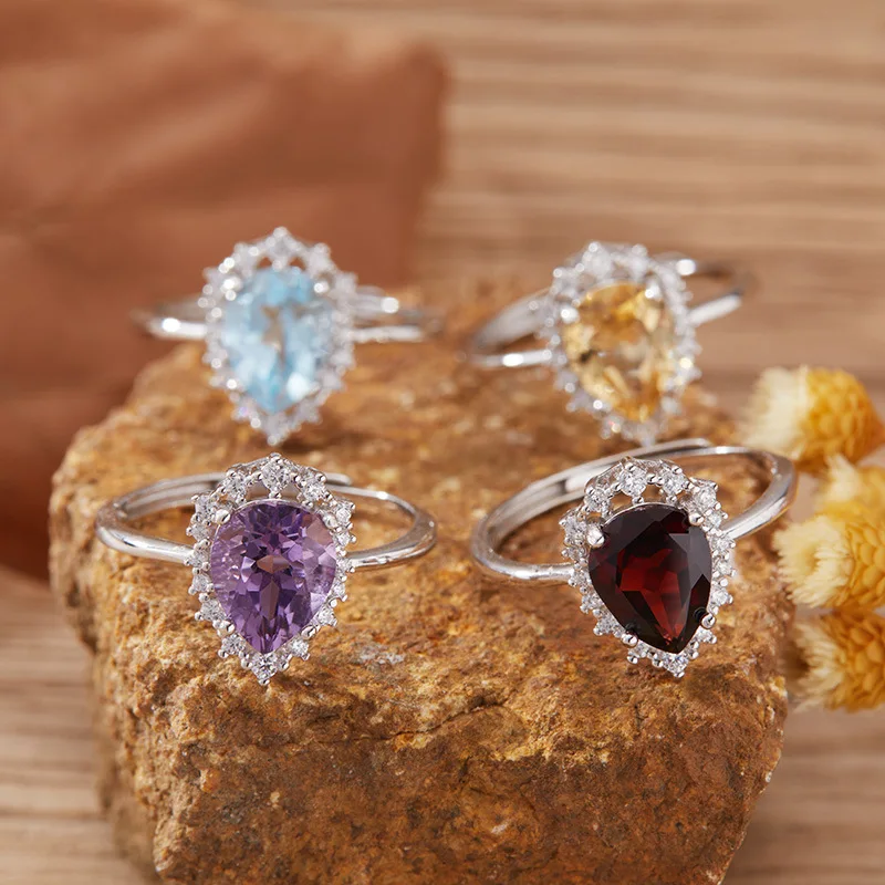 

Natural Colorful Gemstone Topaz Garnet Citrine Amethyst Ring for Womens925Sterling Silver Index Finger Ring Cross-Border Hot Ite