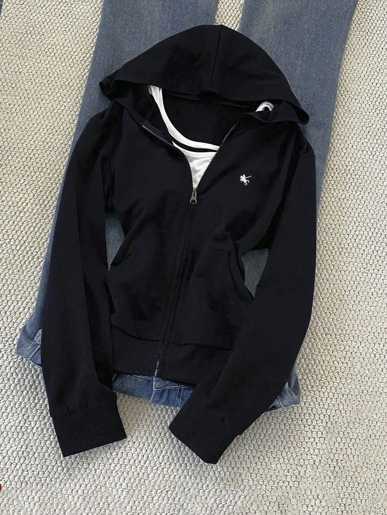 Women's Slim Fit Zip-Up Hoodie with Embroidered Horse Logo, Casual Streetwear Sweatshirt Jacket