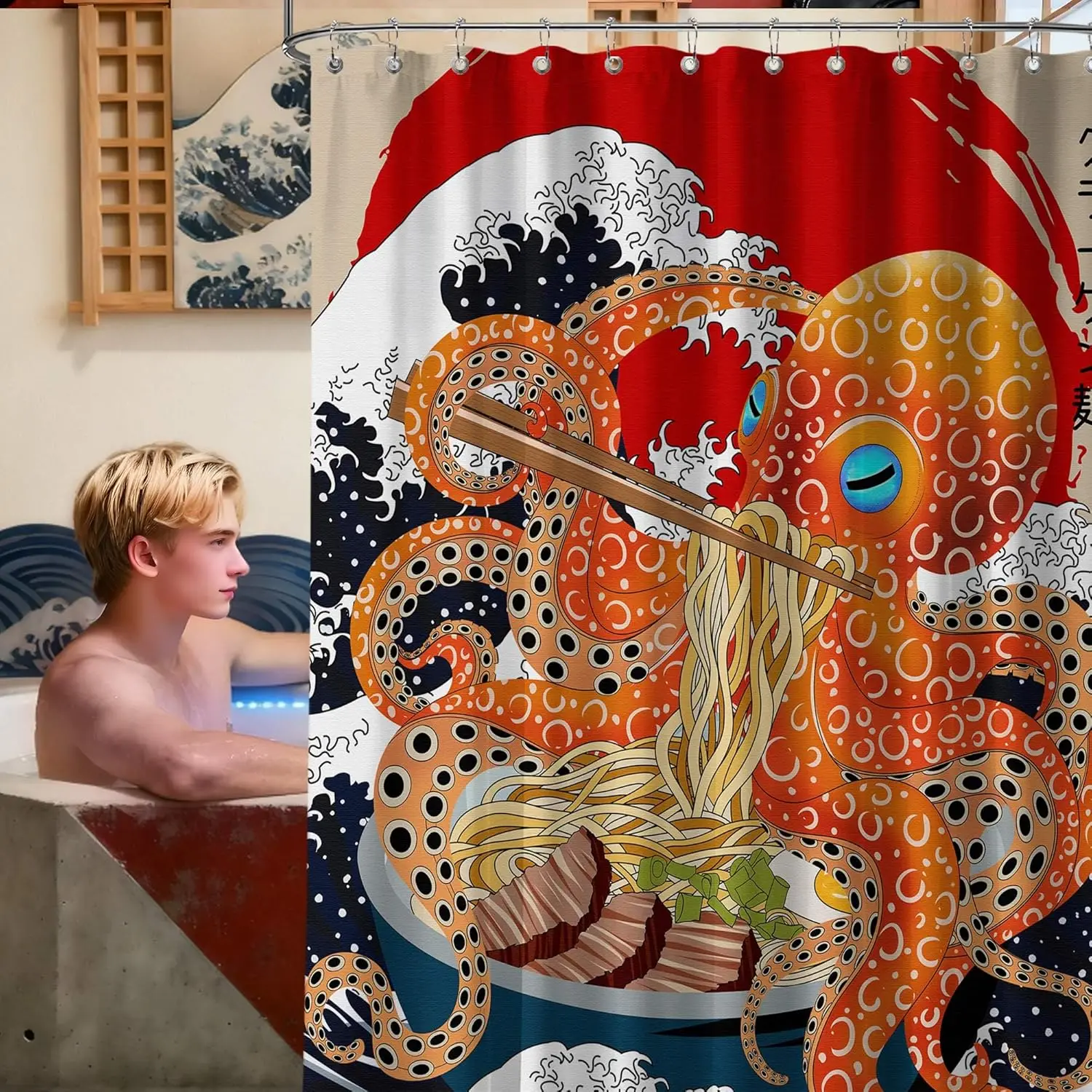 Funny Octopus Shower Curtain Fun Japanese Anime Kraken Shower Curtains for Bathroom Decor Sets, Waterproof Cloth Fabric with