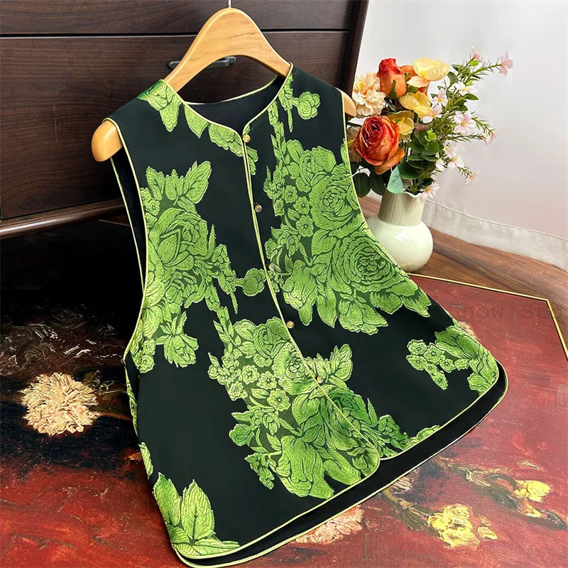 

Green Jacquard Vest Top Women Elegant Sleeveless Cheongsam Tang Clothes Loose Outwear Sleeveless Jacket Fashion Tank Shirt