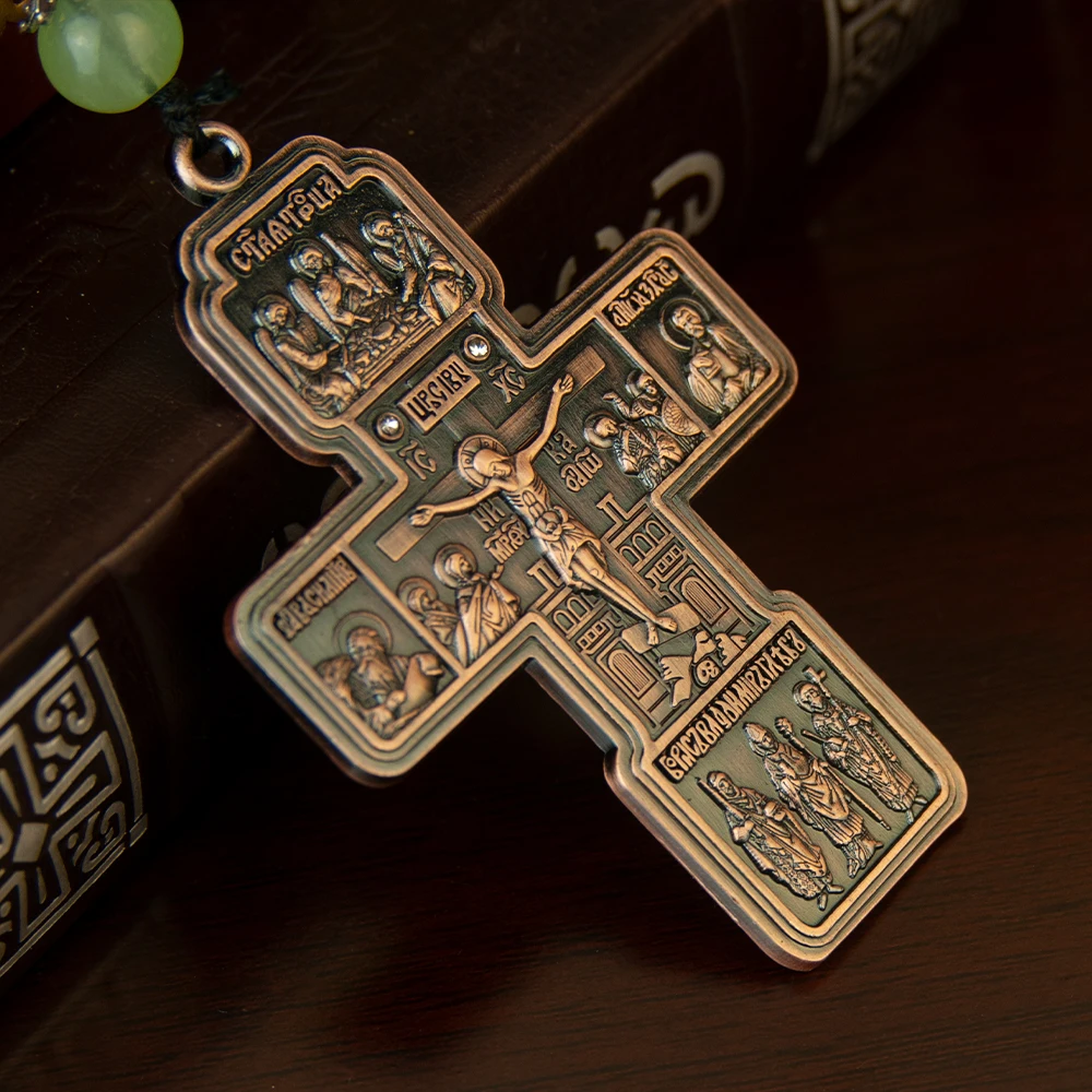 HTISOK Orthodoxe Halskette mit Holzperlenkette, Kruzifix, Goldener Holzrosenkranz, Perlenkette, religiöser Jesus-Gebetsschmuck – Detail 7