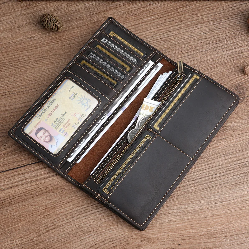 Long Genuine Leather Wallet for Men Large Capacity Simple Business Multi-Card Slot Vintage Style Crazy  Cowhide Wallet