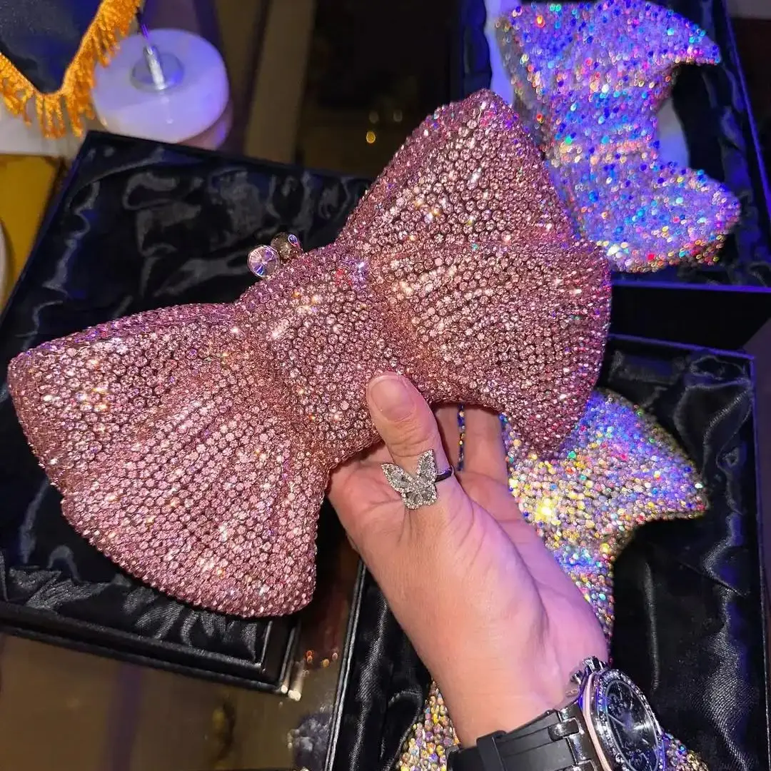 

Lost in винтажный розовый блестящий клатч Minaudiere в форме банта, украшенный кристаллами более 2000, свадебный кошелек с 2 ремнями