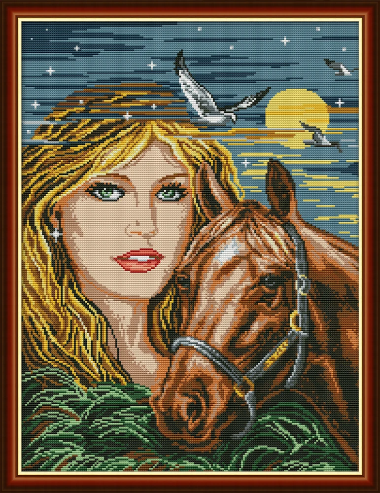 

Cross-stitch Complete Set Beauty And Horse Kit Stamped Printed Counted Unprinted Cloth DMC Needlework Home Decor