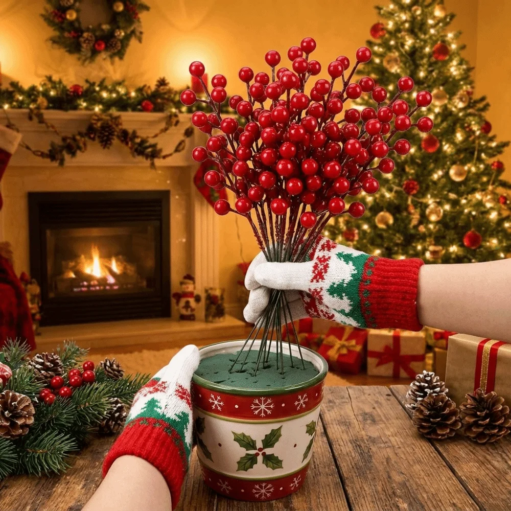 5PCS/SET Plastic Artificial Pine Branches Frosted Snowy Snow Twig Fake Plant Branches Pine Needle Lifelike Red Berry Stems