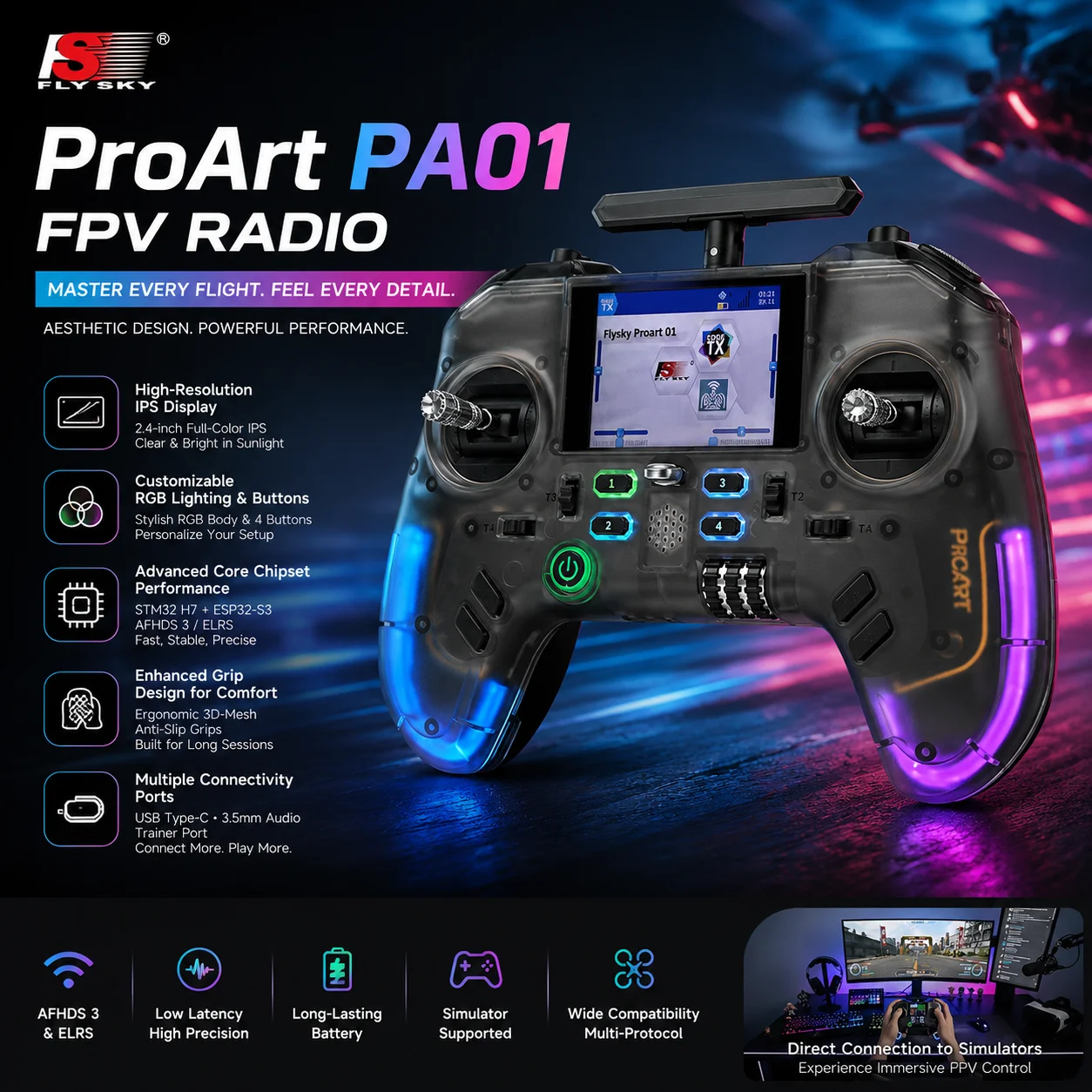 FlySky ProArt PA01 Radio 2.4GHz Hall Gimbal EdgeTX AFHDS 3/ELRS H7 Color Screen Raido Controller for RC Parts