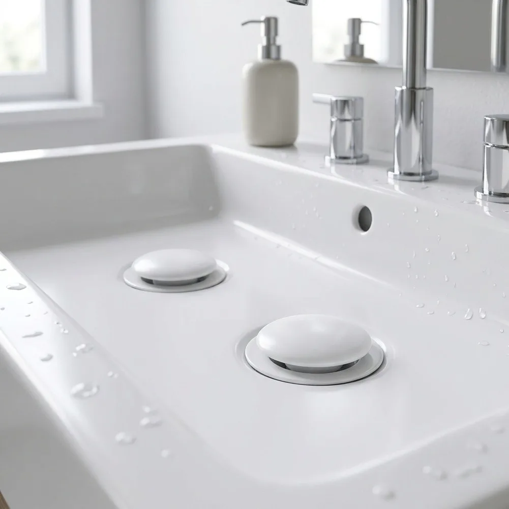 White Ceramic Sink Drain Stopper with Brass Spring Core and Cage-Shaped Filter for Hair and Debris Removal 6.5x6.5cm Size