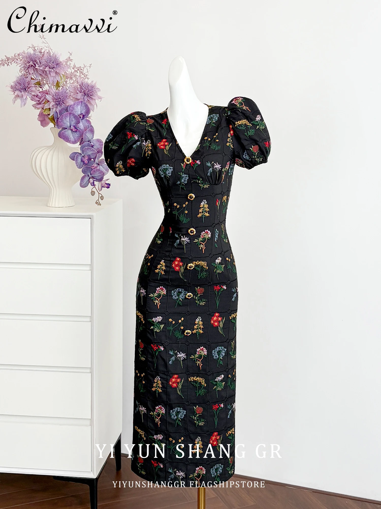 

French Elegant Retro Fashion Black Evening Dresses Summer V-neck Puff Sleeve High Waist Embroidered Bodycon Long Dress Women