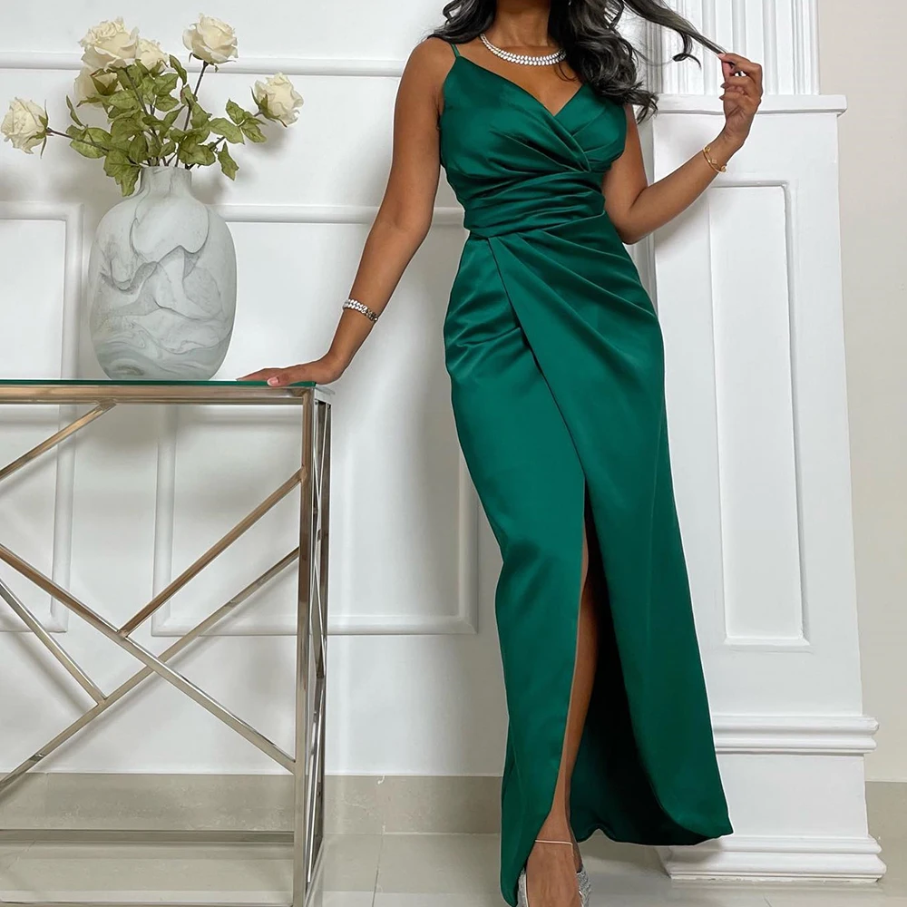 Customized Jersey Straight Spaghetti Straps Evening Dress Front Slit V-Neck Floor Length Sleeveless Solid Color Delicate