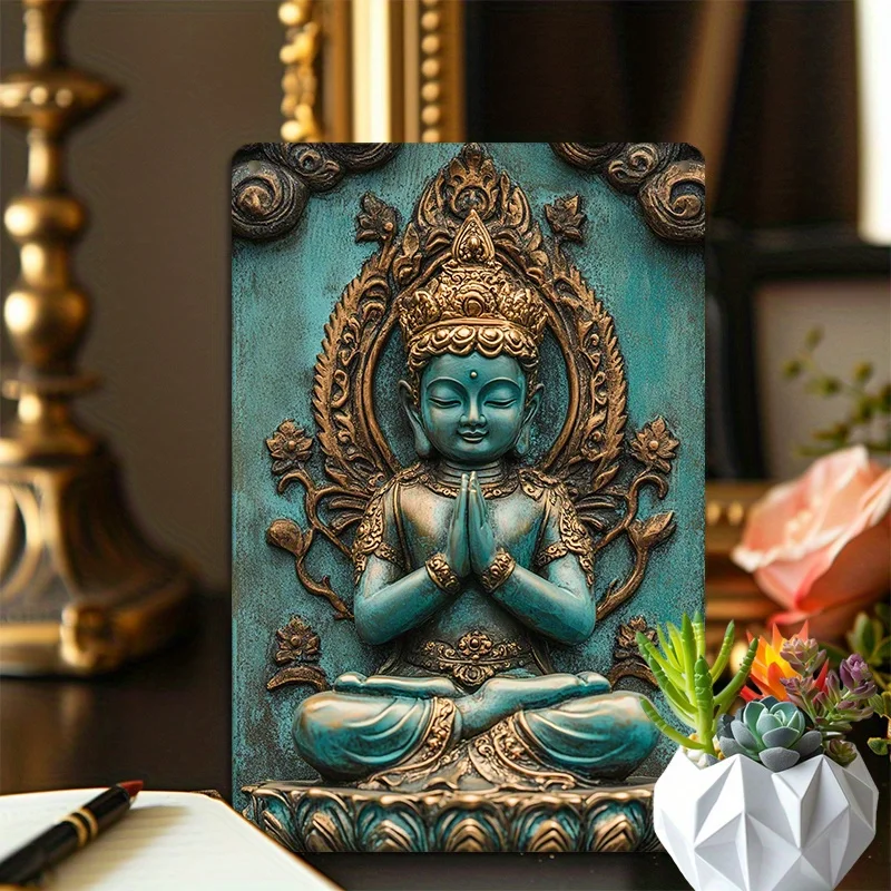 

Room Decor 1pc Vintage Turquoise Buddha Statue Metal Wall Art, Aluminum Tin Sign for Living Room, Bedroom, Office Decor