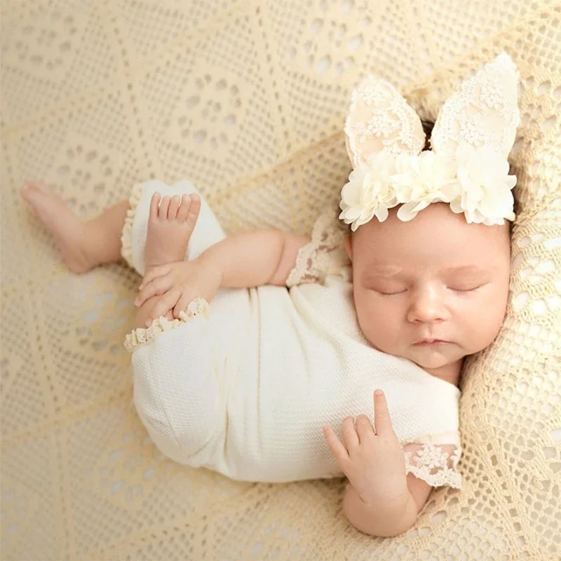 Newborn Photo Shooting Outfit Props Baby Cute Crochet Lace Knitting Rabbit Ear Hair Band+Romper Photography Fotografie Clothing