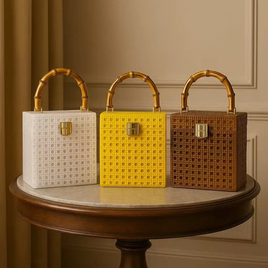 Fashion Rattan Woven Acrylic Box Bamboo Handheld Women Handbag High Quality Luxury Clutch Purse Female Causal Bag