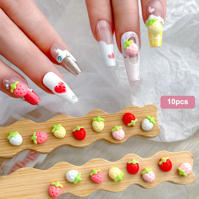 

10pcs Summer Cream Strawberry Nail Charms Nail Parts DIY Nail Art Accessories For Girls Cute Manicure Decorations