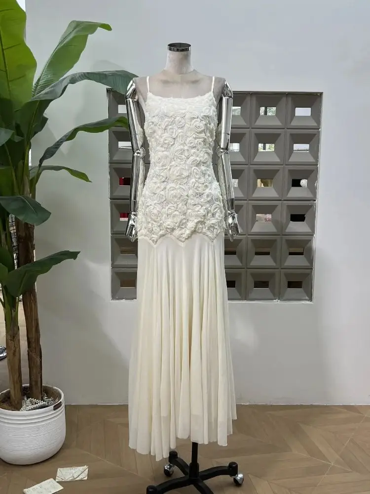 

New Summer Edition Elegant 3D Floral Sling Long Dress Women Retro Backless Pleated Maxi Evening Party Chic Dresses Vestido