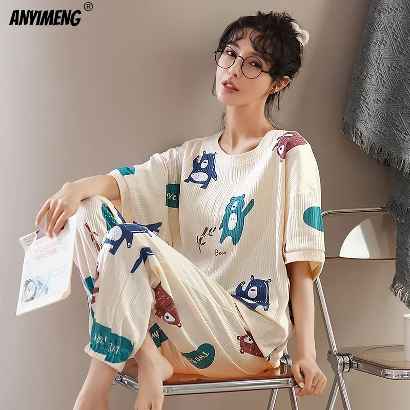 4XL 5XL Summer Pijamas Set for Women Strip Loungewear Short Sleeve Long Pants Lady Pajamas Cartoon Sleepwear Girl Cotton Pijamas