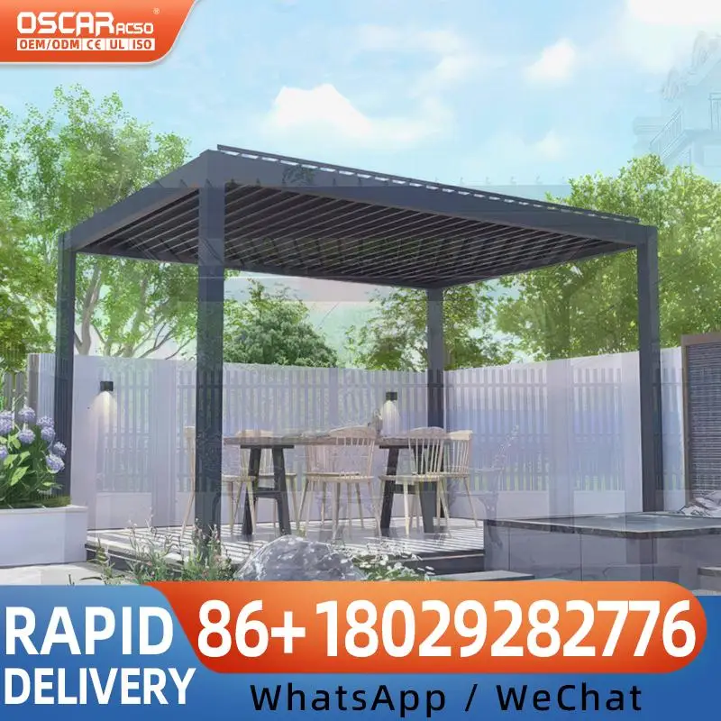 Bioclimatic Aluminium Pergola Heavy Duty Outdoor Pavilion with Automatic Opening Louvred Roof Snow Resistant Gazebo for Garden T