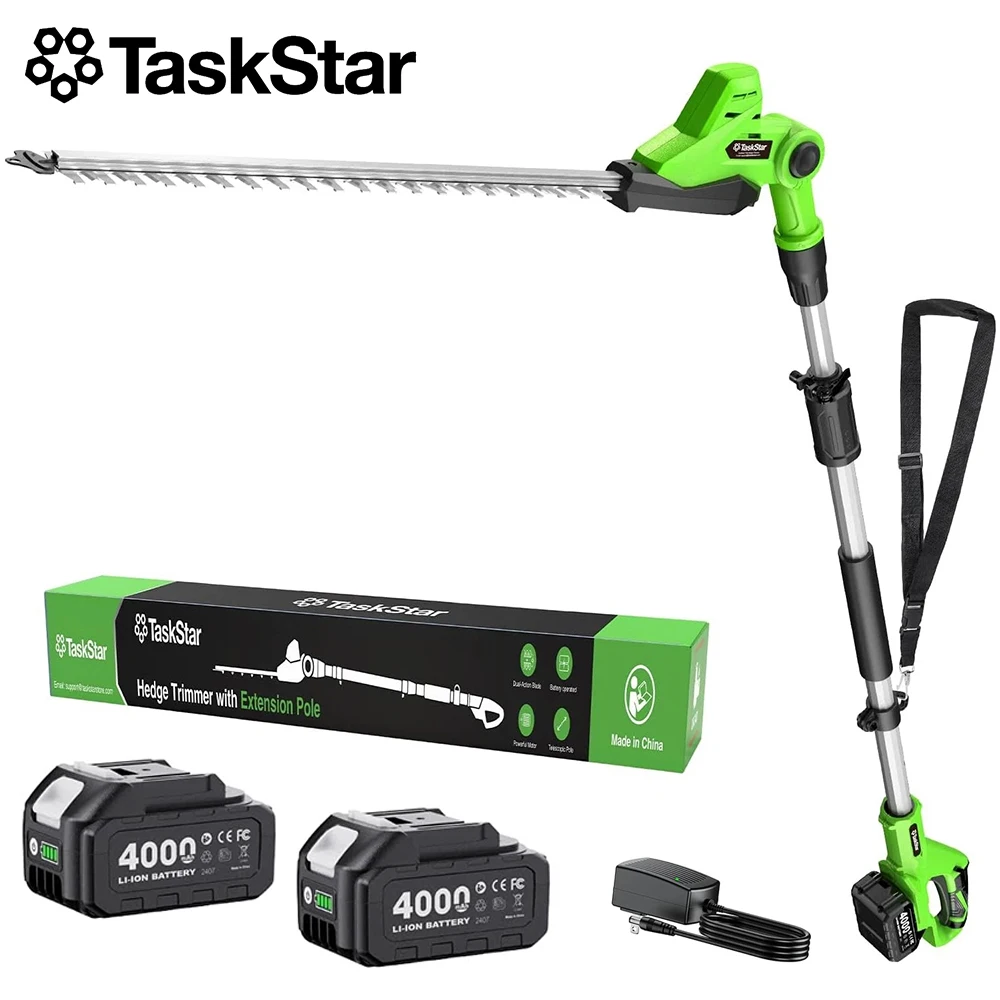 TaskStar Stiel-Heckenschere, kabellos, 50 cm, elektrische Strauch- und Buschschere mit 2,4 m Verlängerungsstiel, Heckenschere mit Doppelaktionsmesser, 2 x 4,0-Ah-Akkus, passend für Makita 18-V-Akkus