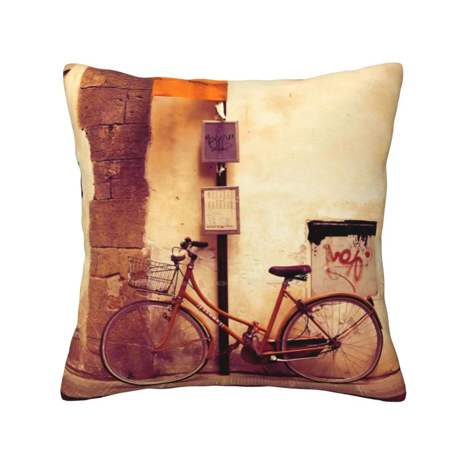 Bicycle Red Home Sofa Car Waist Throw Pillowcase Red Old Bike Graffiti Summer Yellow Street Road Travel Italy Stone Bicycle