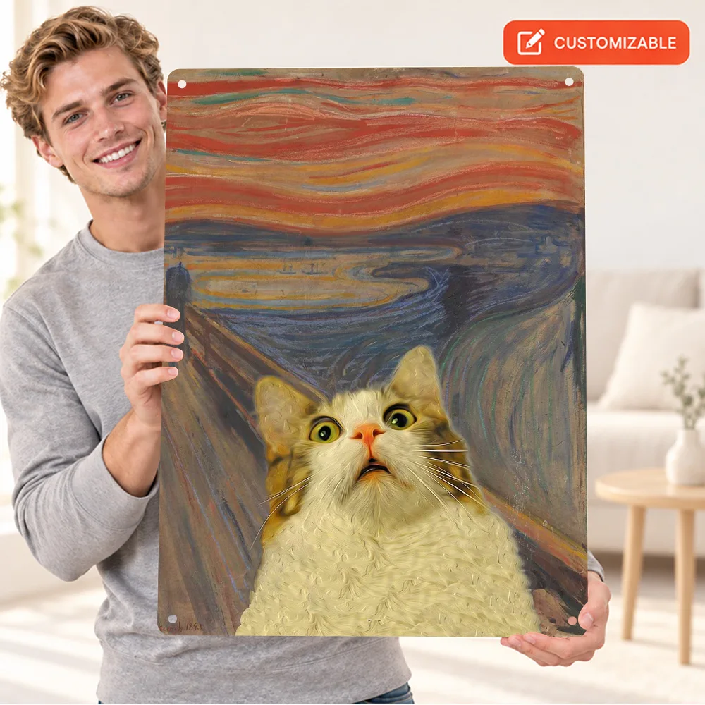 The Meow Cat Printed Poster Personalized Aluminum Metal Sign Expressive Oil Painting Wall Art For Reading Nook Birthday Gift