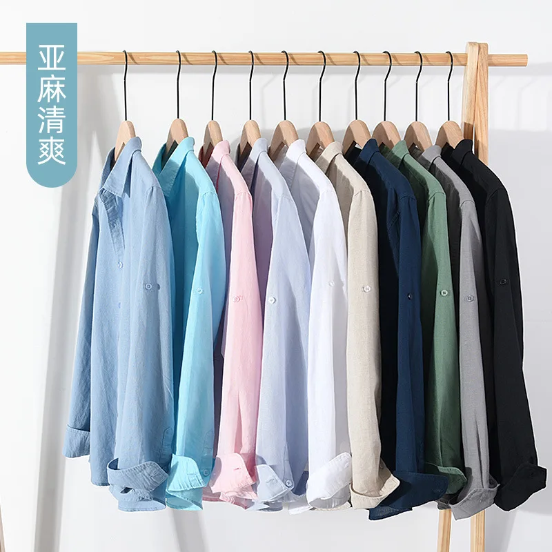 

New Designer Long-sleeved Casual Linen Shirts For Men Fashion Solid 10 Colors Tops Clothing