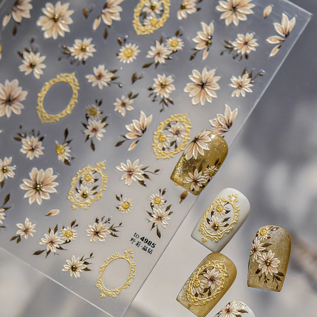 부드러운 꽃잎 데이지 빈티지 사진 액자 꽃 로맨틱 국화 금색 구슬 DIY 네일 아트 스티커 장식 매니큐어 데칼