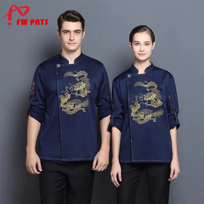 Black Embroidery Dragon Chef Uniform Unisex Long Sleeve Hotel Worker Waiter Tops Spring Autumn