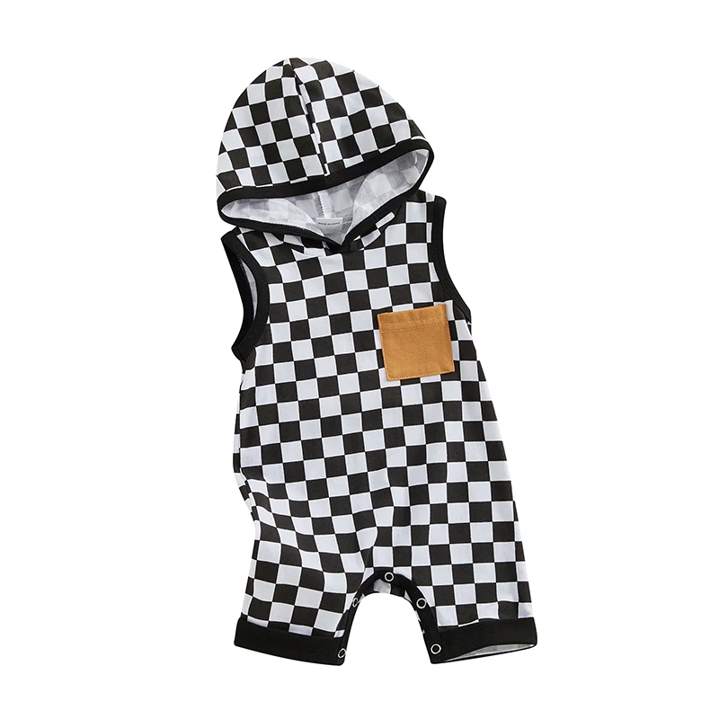 

Infant Baby Boy Checkerboard Romper Newborn Coming Home Outfit Sleeveless Hoodies Outfits Summer Clothes