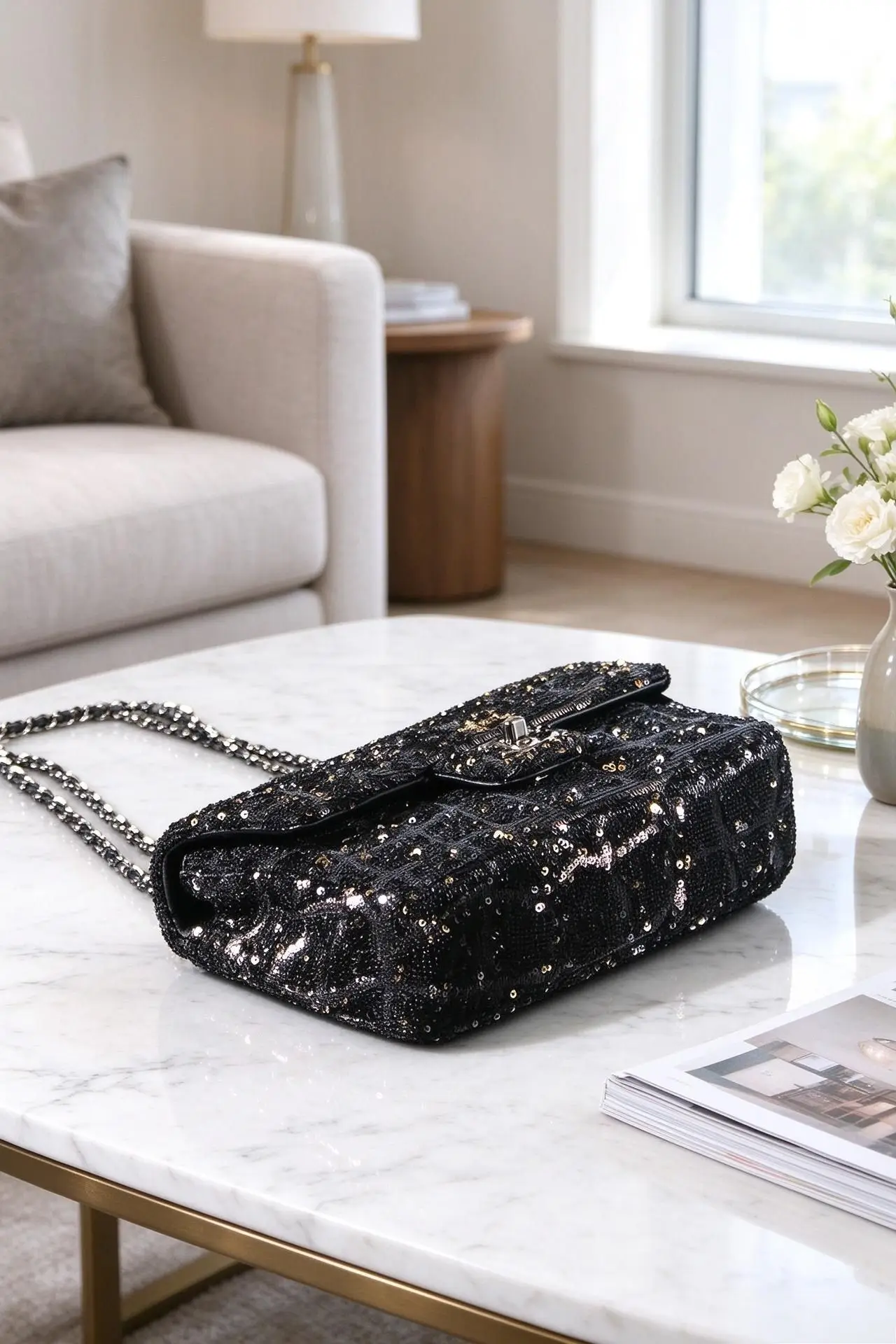 Women Sparkly Sequin Quilted Flap Bag Black Glitter Fabric Leather Woven Chain Strap Party Shoulder Purse