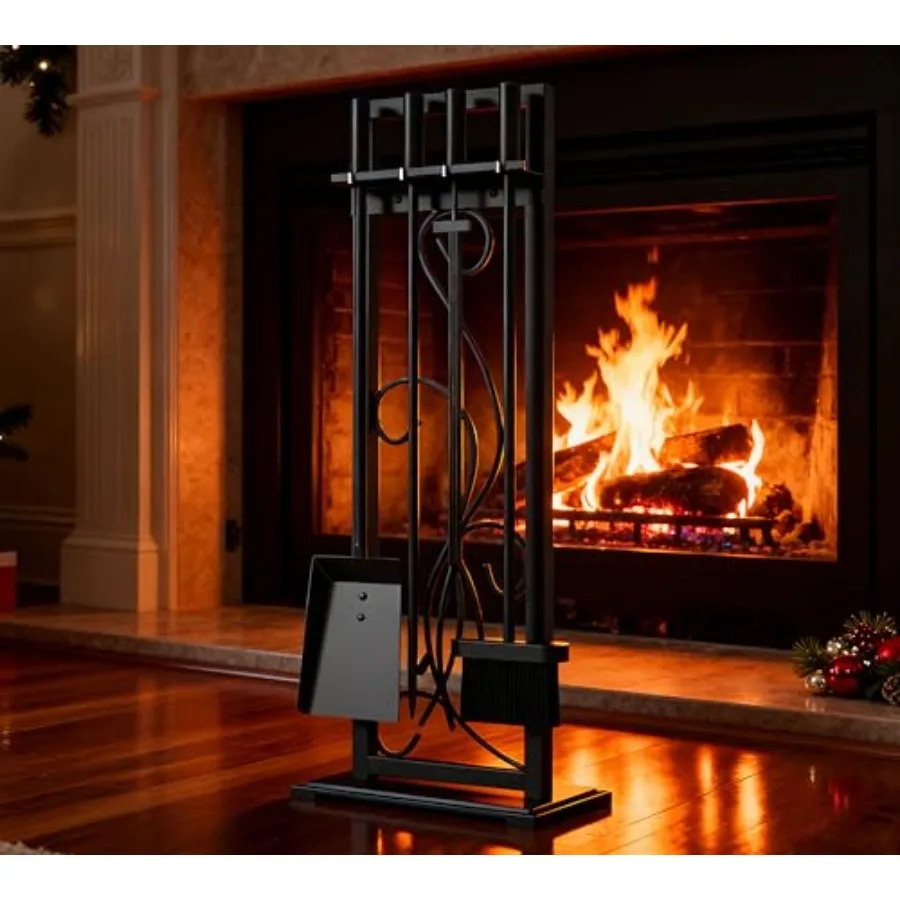 

Набор из 5 предметов для камина Kingson из кованого железа - прочные аксессуары для камина для использования в помещении и на улице с декоративной черной отделкой