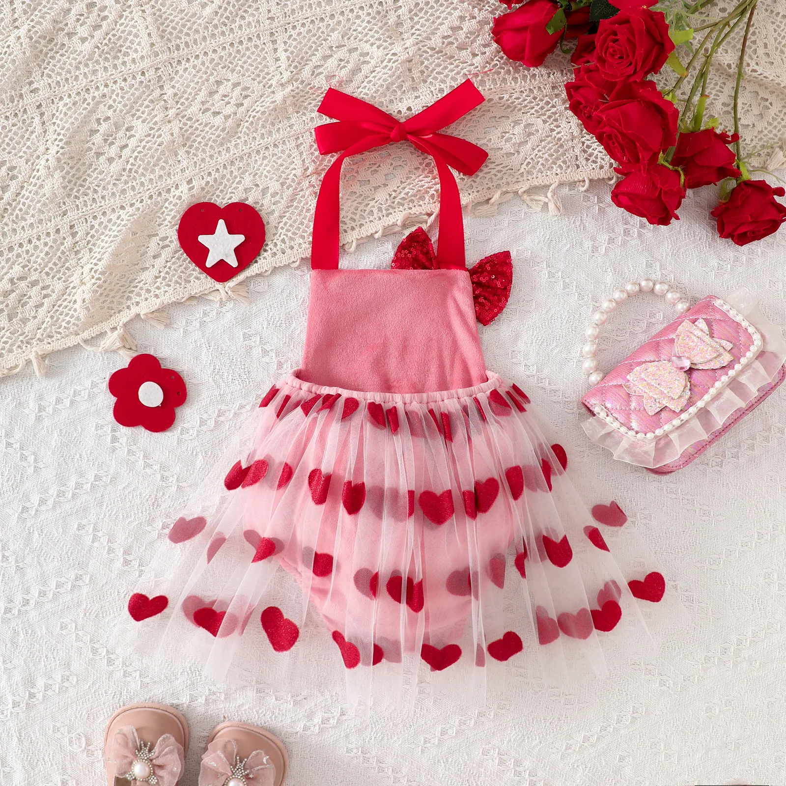 Ma&Baby 0-18M Valentine's Baby Clothing Newborn Hanging Neck Suspender Velvet Bodysuit Baby Girls Embroidery Heart Mesh Dress