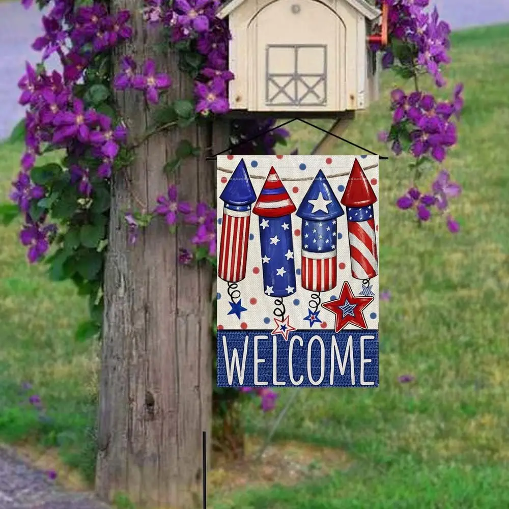 Welcome 4th of July Garden Flag 12.5 x 18 Inch Memorial Day Vertical Double Sided Burlap Flag for Independence Day Outdoor A UUN
