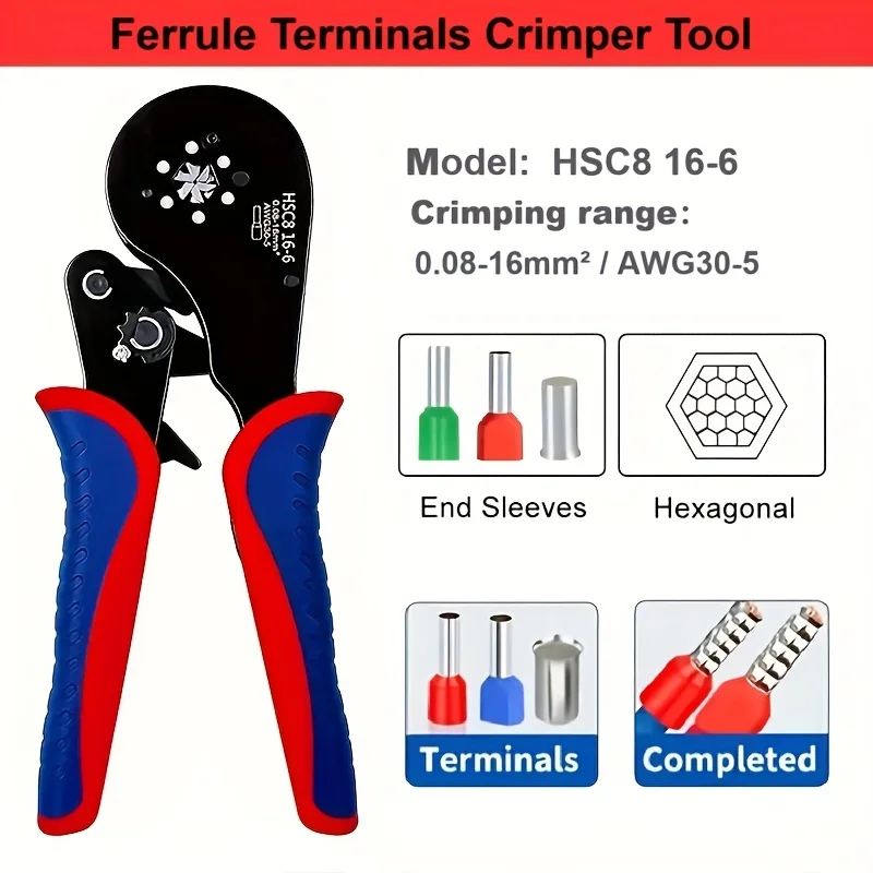 

Инструмент для обжима наконечников HSC8 16-6A Инструмент для обжима с храповым механизмом для наконечников проводов, электрические зажимы 0,08-16 мм2/30-5AWG