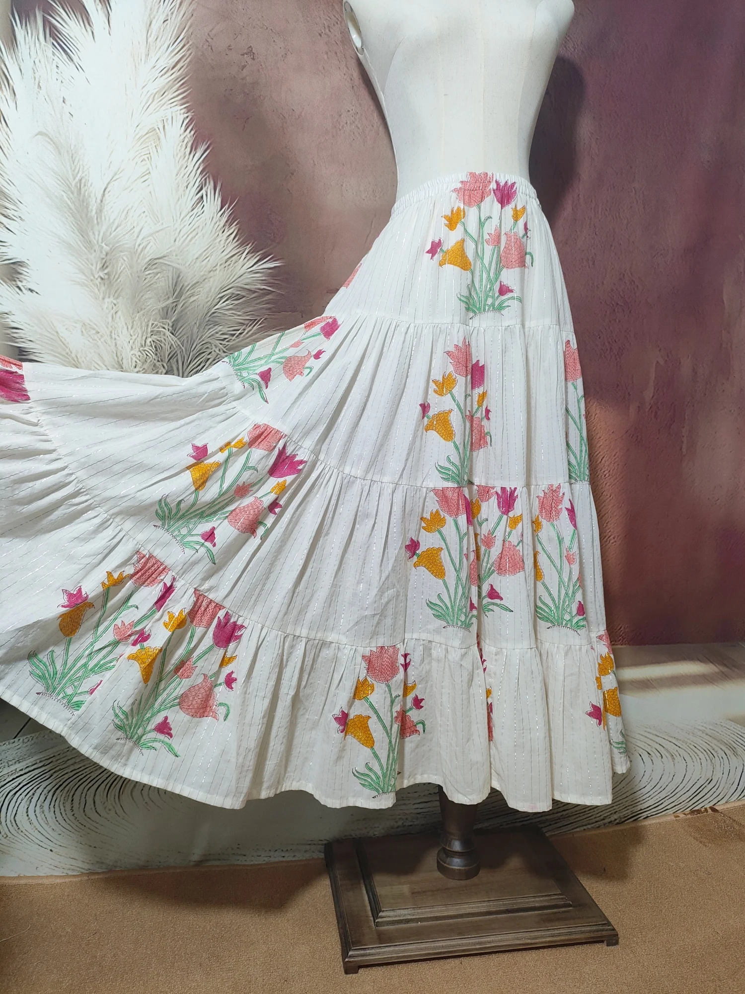 

Индийская хлопковая женская юбка с ручной блочной печатью, повседневная мини-юбка с высокой талией, А-силуэт, с подкладкой, для лета