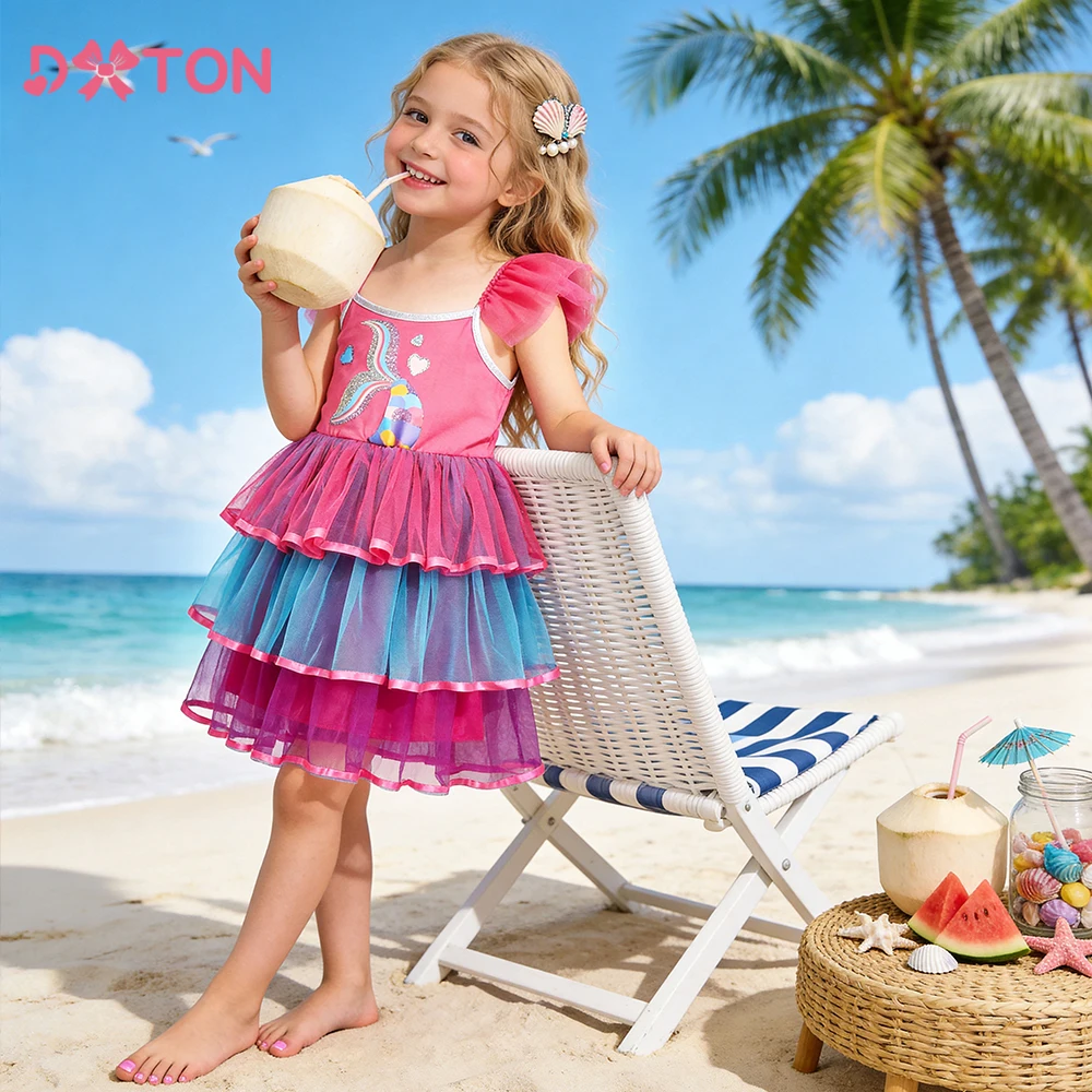 DXTON Kinder-Meerjungfrau-Cosplay-Kostüme, verstellbare Träger, Sommerkleid für Kleinkinder, Mädchen, Netz-Patchwork, Strand- und Urlaubskleider für Kinder