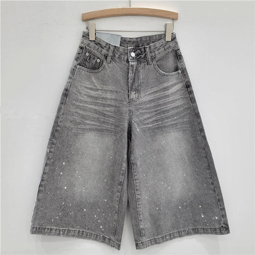 Pantaloncini di jeans con strass Jeans capri versatili larghi primavera/estate da donna Pantaloni larghi alla moda Pantaloni casual coreani