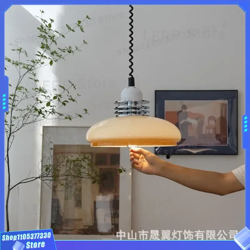 Vintage French Bauhaus Cream Glass Chandelier Antique Wabi Sabi Style Retractable Pendant Light for Japanese Bar Restaurant