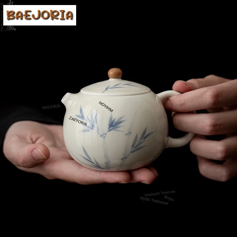 Plant Ash Hand-painted Blue And White Bamboo Teapot Antique Tea Infuser Pot Tea Soaking Kettle With Ball Hole Tableware Craft