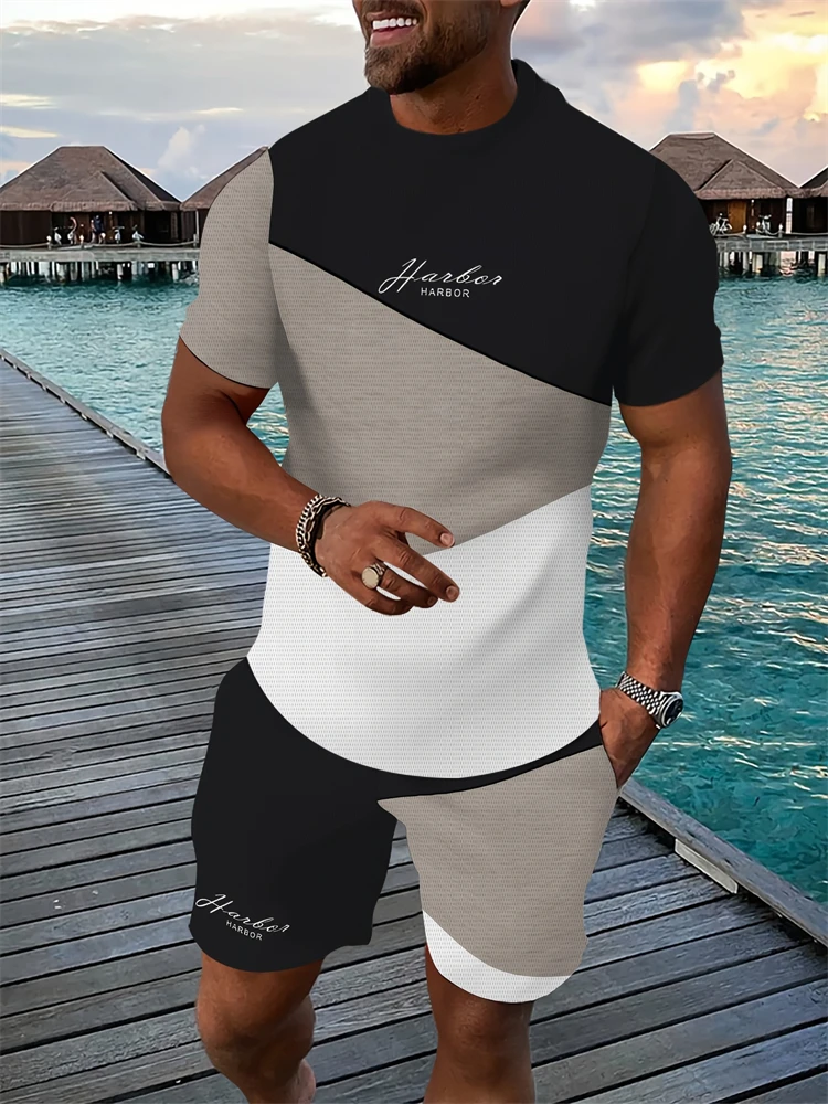 

Men's Breathable Athletic Set Summer 3D Letter Print T-Shirt And Shorts Set Adult Lightweight Fitness Wear Casual Sportswear Set