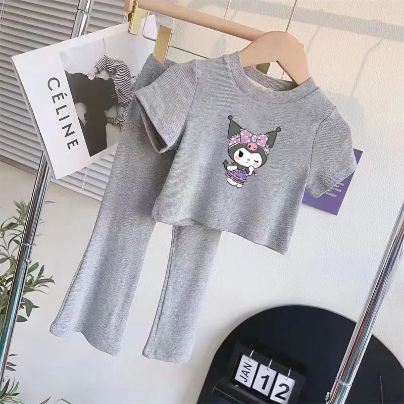

Комплект из двух предметов для девочек и мальчиков Sanrios Kuromi My Melody с коротким рукавом модная футболка Топ повседневные расклешенные брюки