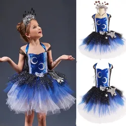 Girls Fancy Galaxy Tutu Dress Blue Gradient Moon Stars Sequin Pattern Sling Princess Ball Gown Halloween Birthday Party Costume