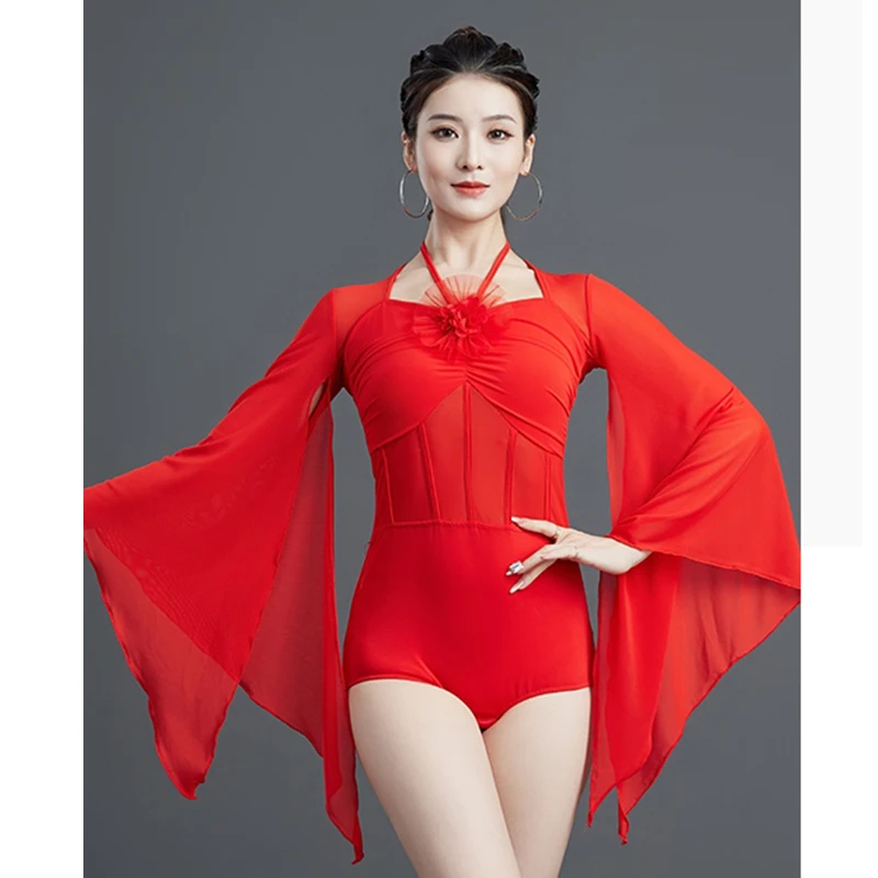 Nuevo traje de entrenamiento de baile latino de vals, mono de manga larga de malla para mujer, Top de práctica de baile de salón para adultos XH2545