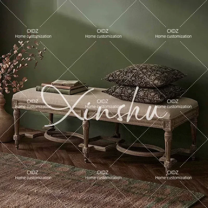 Retro Solid Wood Bench for Living Room Entrance Bedroom Bedside Cloakroom Fitting Shoe Changing Stool Household Furniture
