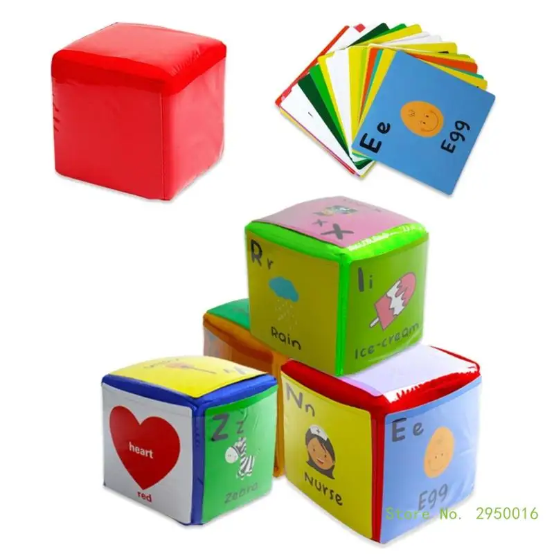 4Pcs Playing Game Dices with Flash Cards, Pocket Cube for Teaching Kid Early Learning Foam Cube Soft Stacking Block Toy