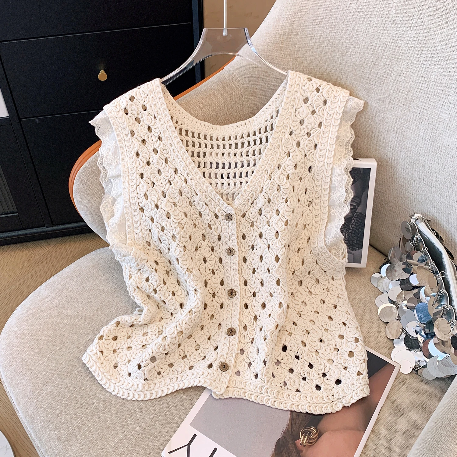 Sheer Crochet Tank Top Button Front V-Neck Open-knit Hollow Out Crop Blouse Cardigan Women Summer Boho Vacation Outfit